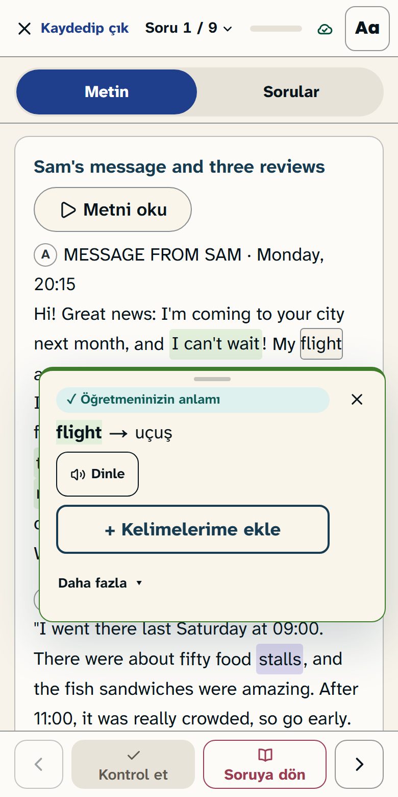 Okuma metninde “flight” kelimesine dokunulmuş. “uçuş” anlamı ile Dinle ve “Kelimelerime ekle” düğmeleri görünüyor