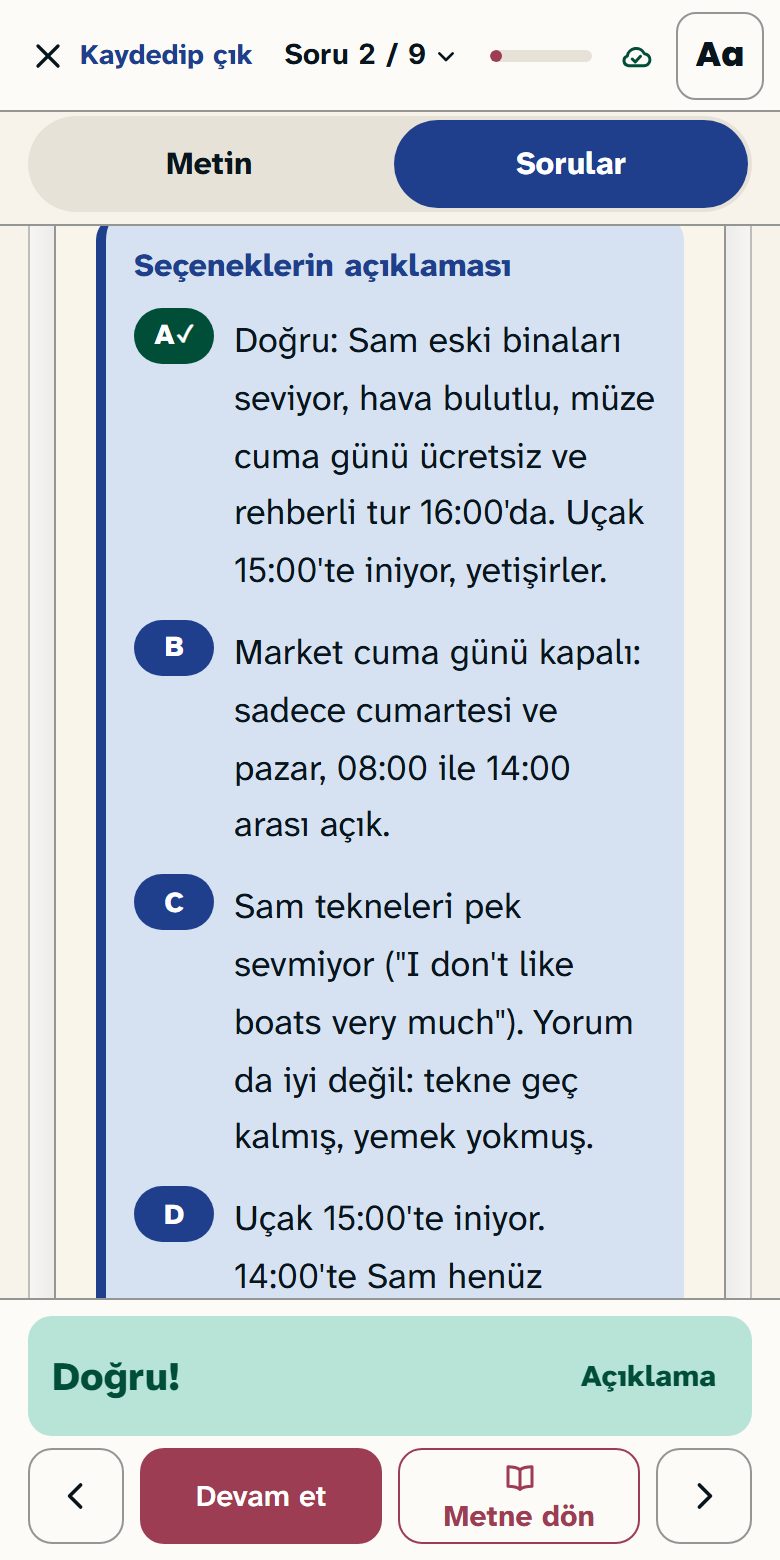 Cevabı kontrol edilmiş bir soru. Altta “Doğru!” mesajı, üstte seçeneklerin Türkçe açıklaması görünüyor